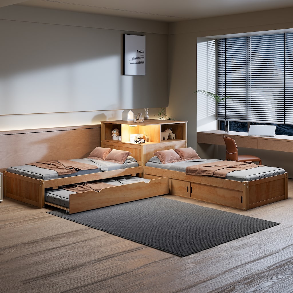Twin Size L-shaped Bed Frame with Trundle Bed and Storage Cabinets, Desk, Lighting, Corner Platform Storage Bed Frame