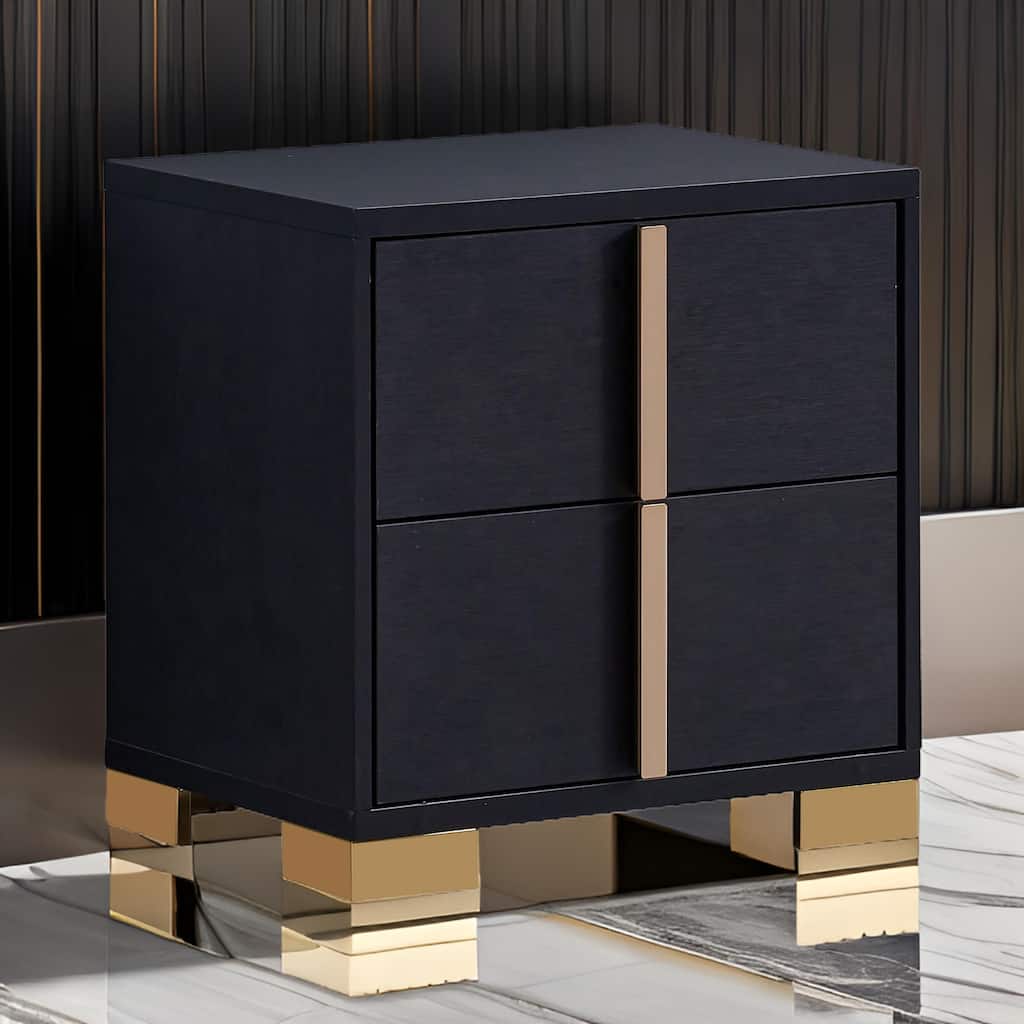 Dex 22 Inch Nightstand, 2 Drawers with Long Vertical Gold Handles, Black