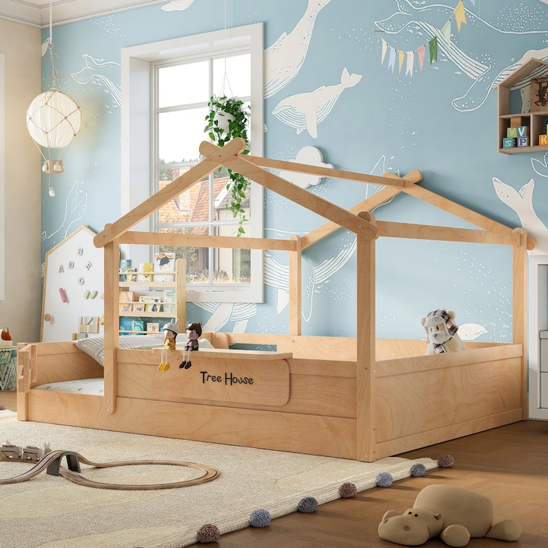 Montessori Floor Bed of 3 Kinds Size, House-shaped Platform Bed with Small Built-in Tray, Signboard and No Slats Design