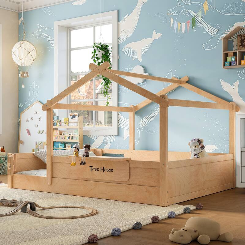 Queen Size Floor Bed with Guardrails and Roof, Kids House Floor Bed with a Small Built-in Tray and Free-installed Signboard