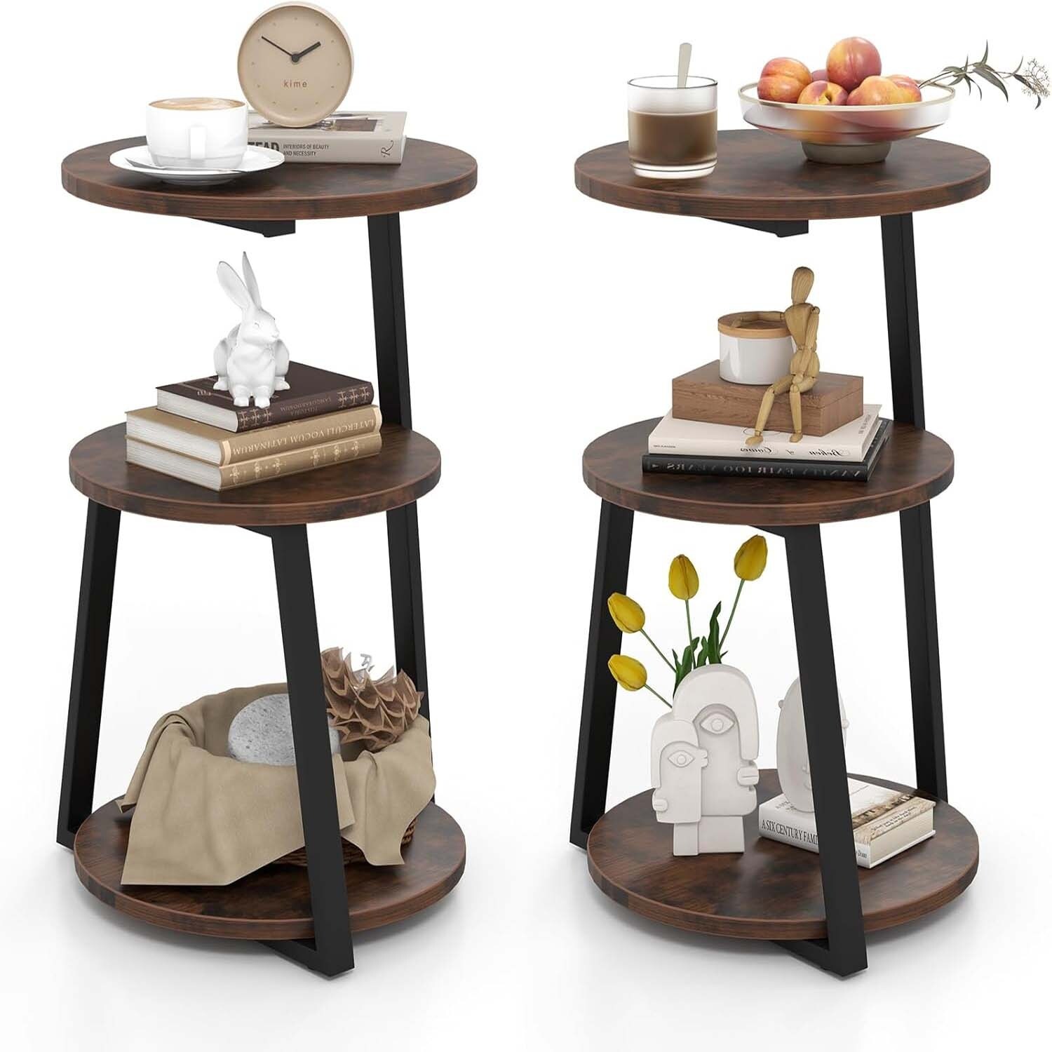 1/2 pcs 3-tier Round End Table Industrial Side Table Coffee Table