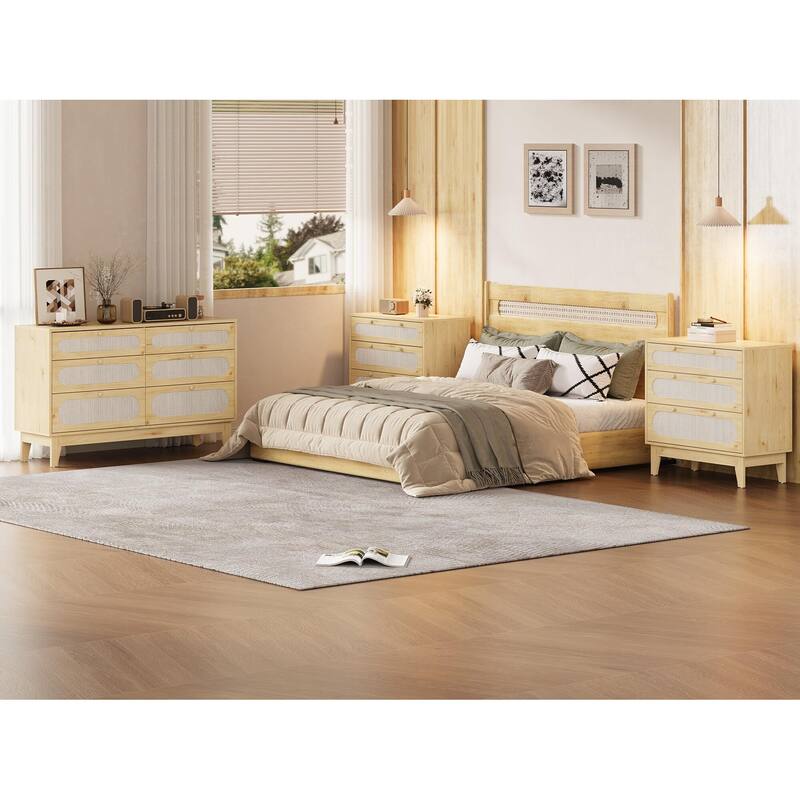 Rattan Drawer Dresser, 3 Wood Drawers Storage Cabinet Dresser for Bedroom, Living Room,Hallway