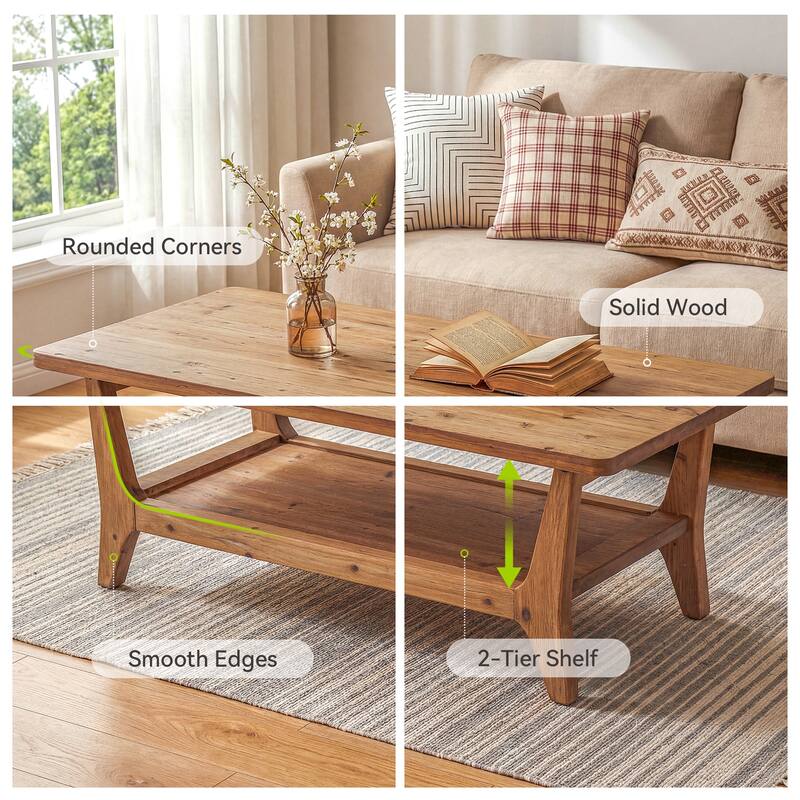 47'' Solid Wood Coffee Table with Open Storage Shelf, Mid-Century Rectangle Center Table