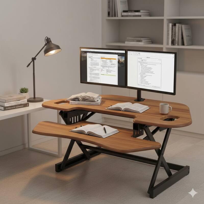 Rocelco 46 in. W Beige Height Adjustable Corner Standing Desk Converter with Dual Monitor Arm and Extra Tray Platform