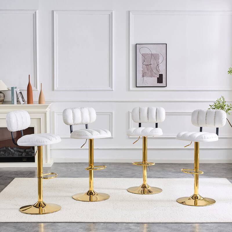 Set of 2 Modern Bar Stools with Adjustable Height, PU Leather Upholstered Stools with Metal Base & Footrest