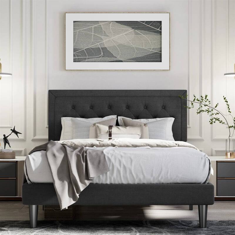 Modern Linen Upholstered Platform Bed with Tufted Button Headboard and Wood Slat Support - Black - Full