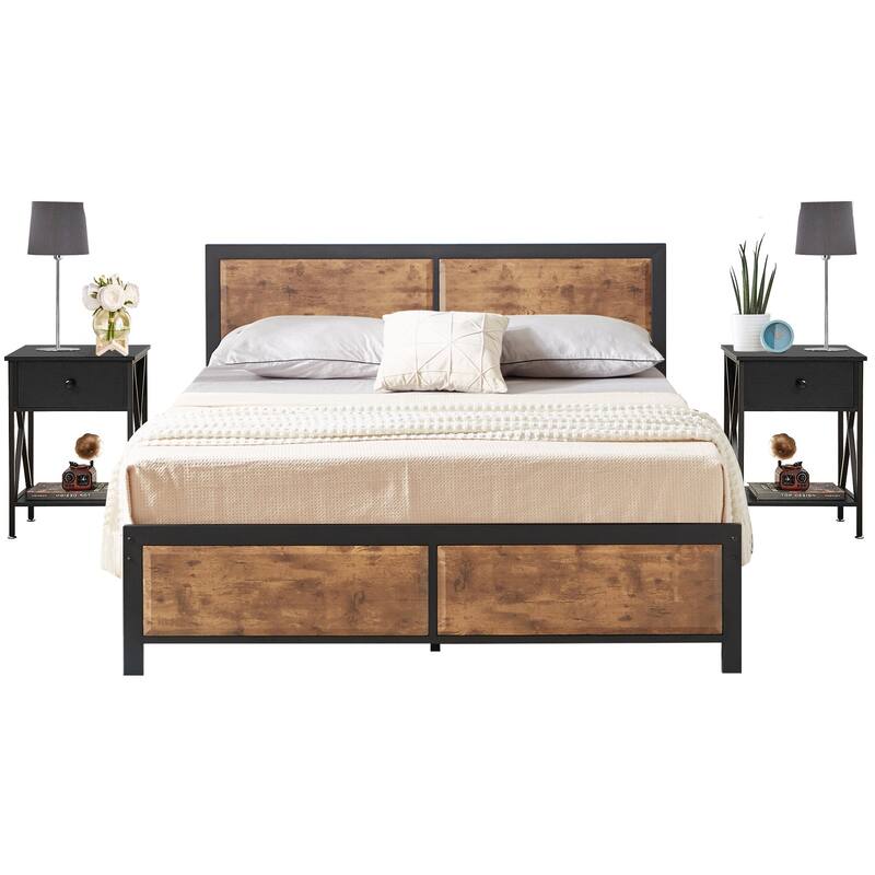 VECELO 3-Pieces Bedroom Sets, Platform Bed with Headboard and Set of 2 Nightstands - Black - Queen
