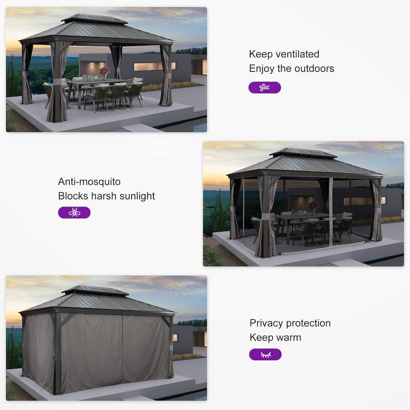 PURPLE LEAF Outdoor Galvanized Steel Hardtop Gazebo, Aluminum Frame Gazebo With Curtains