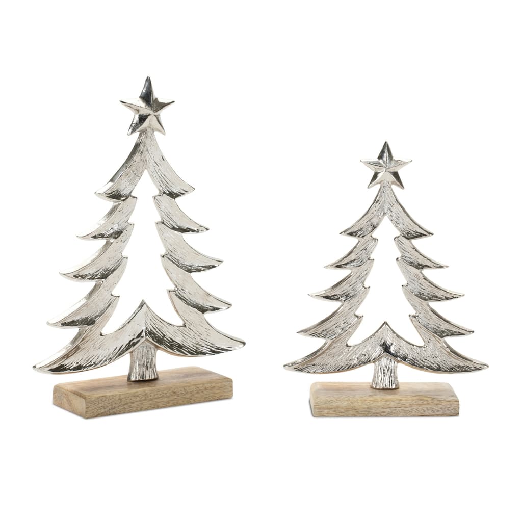 Pine Tree with Wooden Base Christmas Decorations - 10" - Silver - Set of 2
