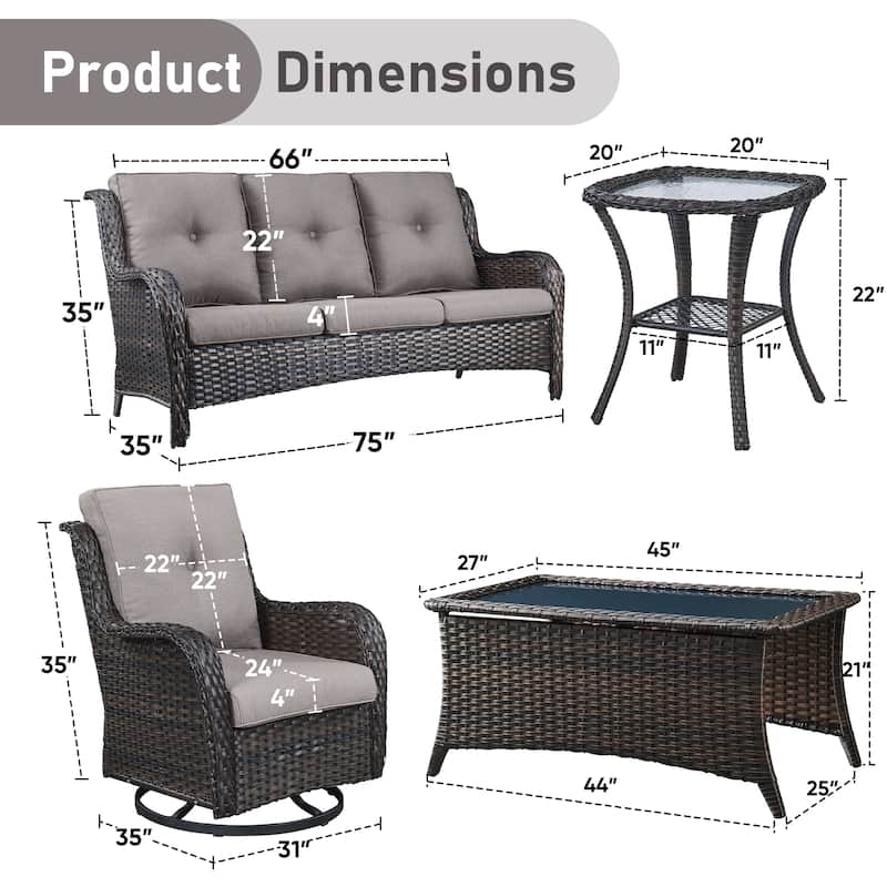 Pocassy 5 Pieces Outdoor 4 Inch Sofa Swivel Chairs Table