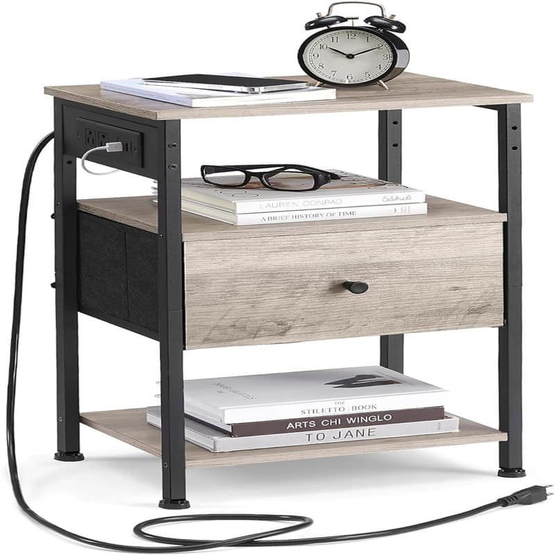 Nightstand with Charging Station Night Stand Side Table with 1 Drawer and 2 Open Shelves