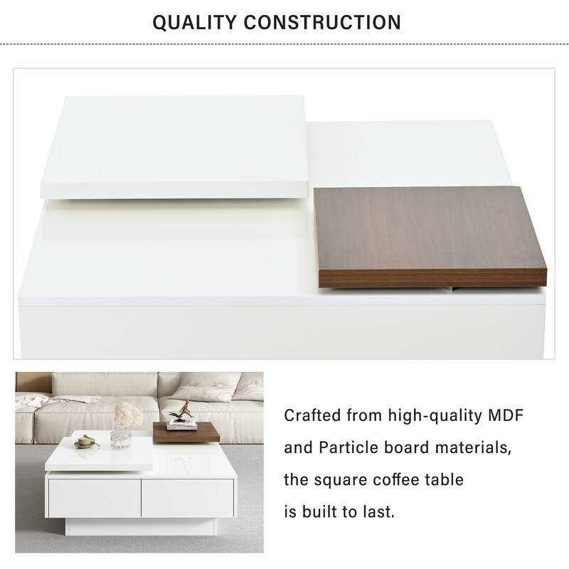 Movable Top Coffee Tables, Wood Square Center Table, High Gloss Cocktail Table with 4 Storage Drawers for Living Room