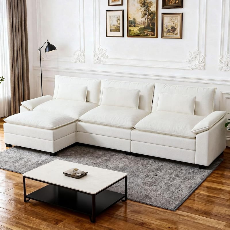 Kullavik Cloud Chenille L-Shaped Sofa, Modular Sectional Sofa with Ottoman, Throw Pillows and Double Layered Cushion - 4pcs-Beige