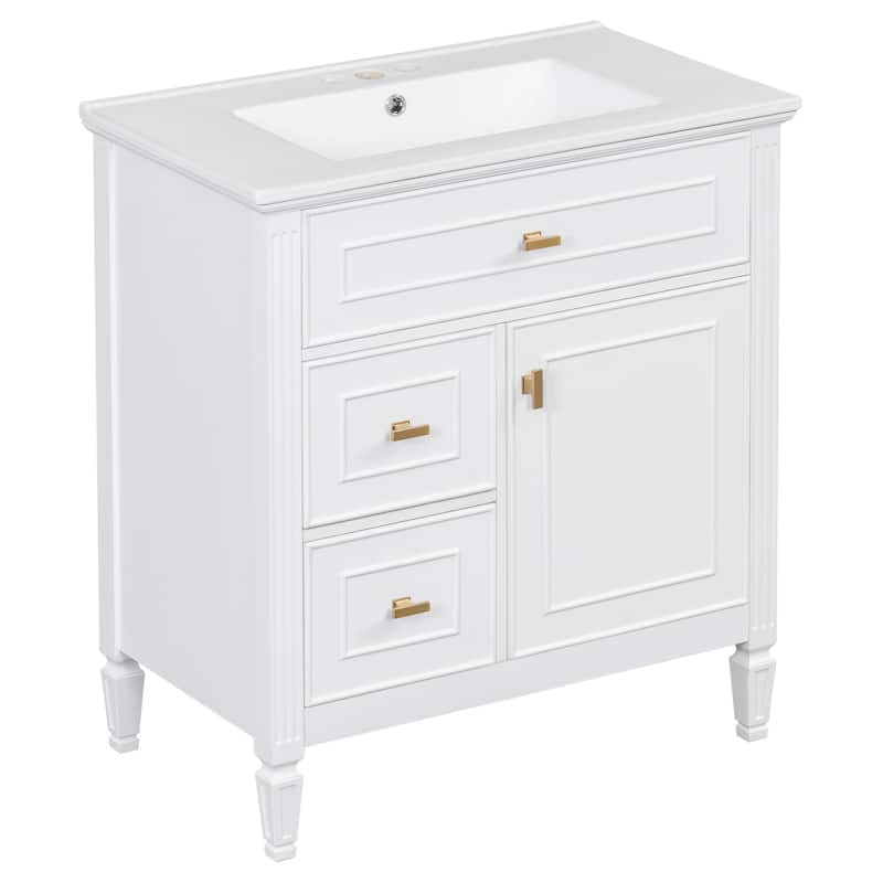 GDFStudio - Avalon 30-Inch Freestanding Bathroom Vanity with Ceramic Sink, Flip Drawer, Solid Wood & MDF Board