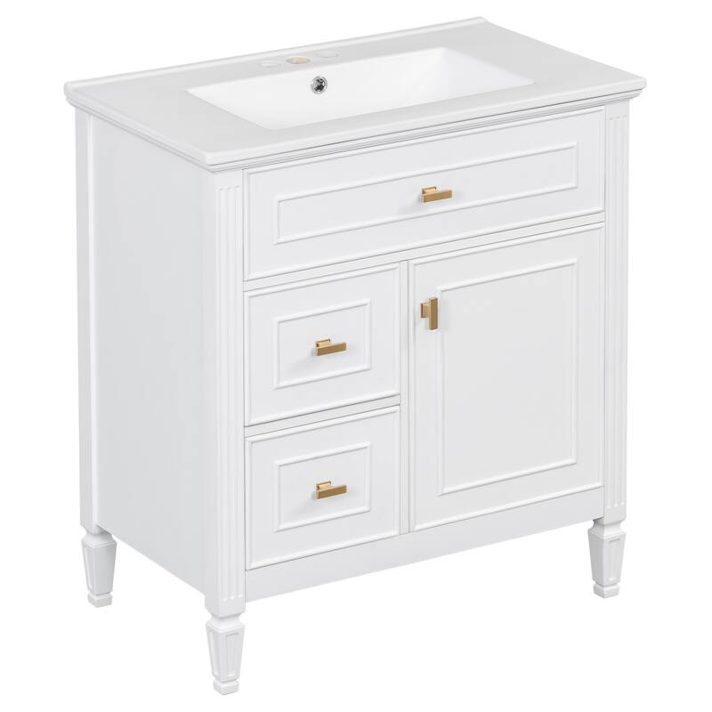 Roomfitters 30" Bathroom Vanity with Ceramic Sink, Solid Wood Frame with Flip Drawer, 2 Side Drawers & Adjustable Shelf