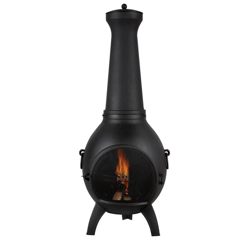 Black Aluminum Spherical Chiminea with BBQ Grill and Rainproof Cover