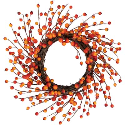 Orange Berries and Twig Artificial Fall Harvest Wreath 14- Inch, Unlit