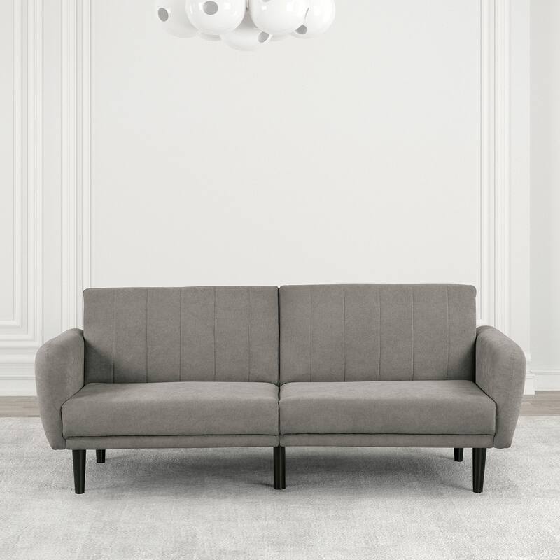 Gray 1pc Convertible Futon Sofa with Channeled Tufted Back, Soft Track Arm & USB Charging