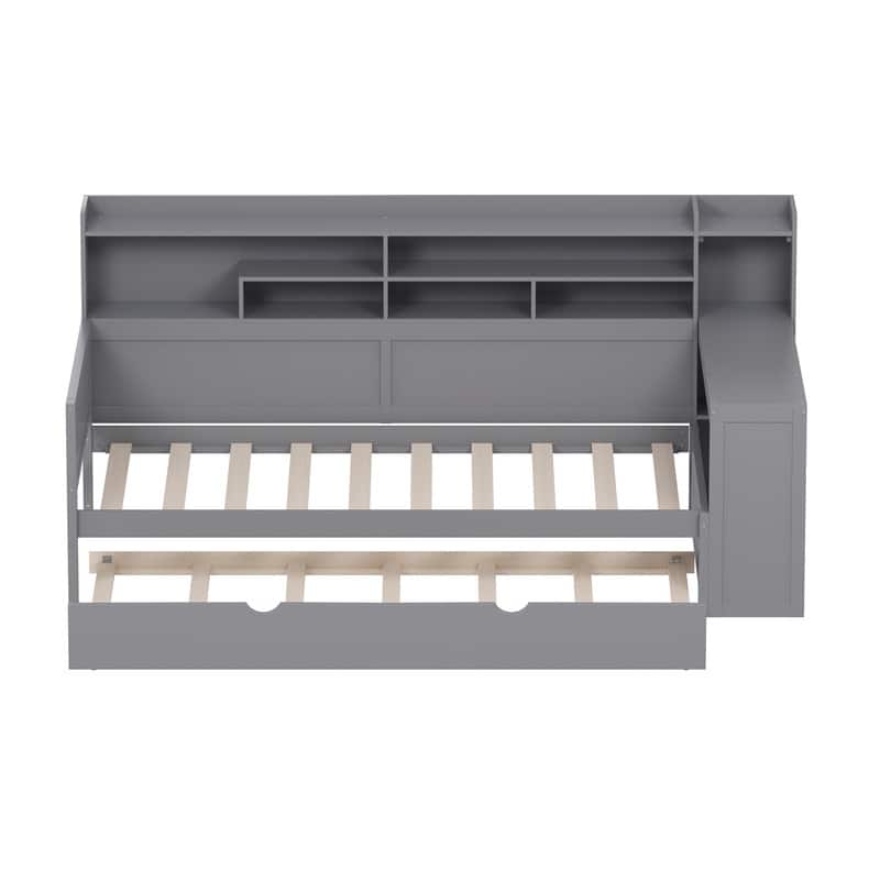 Twin Size Wooden Daybed with Shelves, Twin Size Trundle Bed and Study Desk