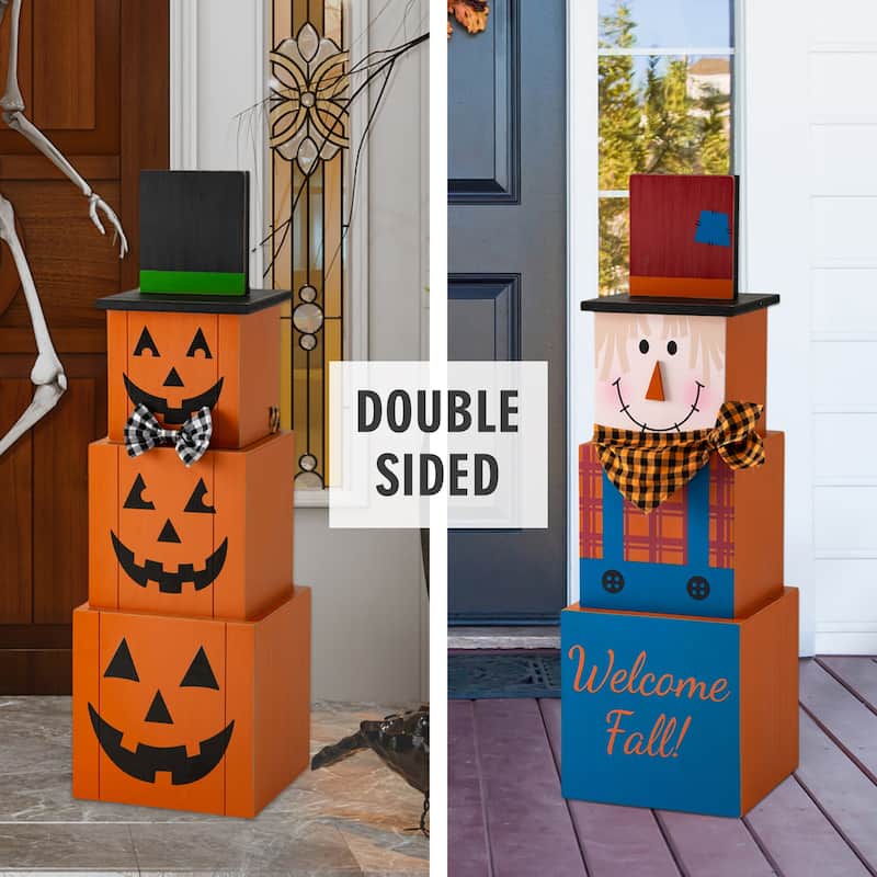Glitzhome Halloween / Fall 36"H Double Sided Scarecrow / Pumpkin Wooden Porch Decor