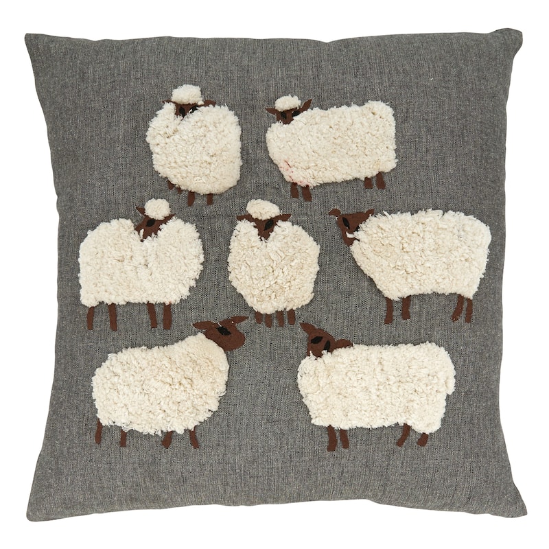 Throw Pillow With Embroidered Sheep Design, 18"x18"