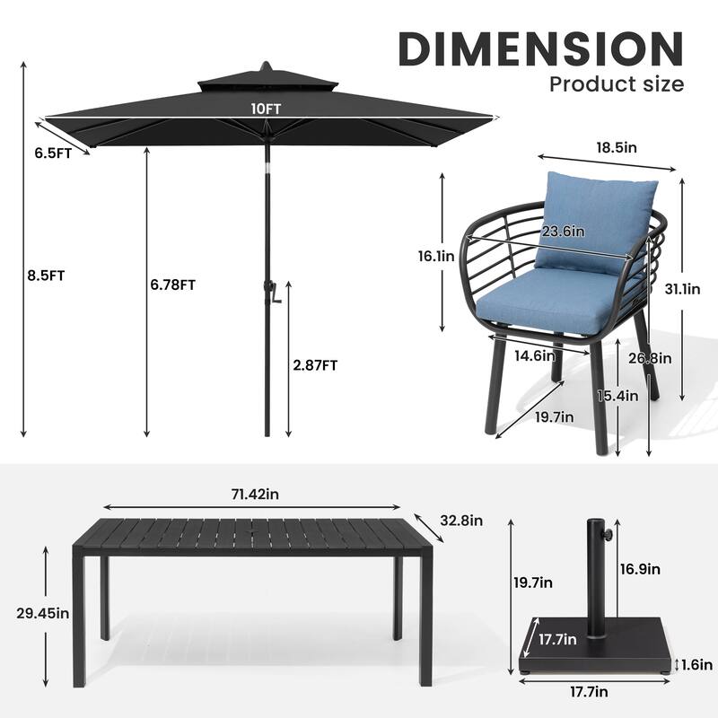 9/11-Piece Outdoor Patio Dining Set w/10 ft Umbrella and Base Aluminum Dining Table and Dining Chairs with Sunbrella Cushions