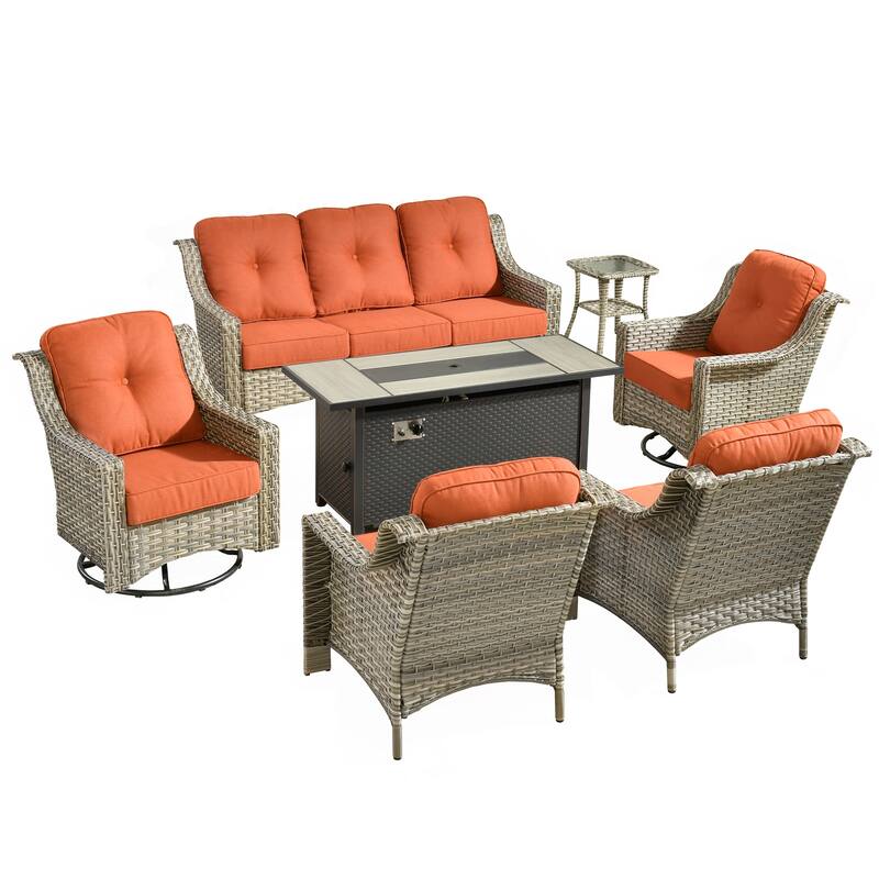 HOOOWOOO 7-piece Wicker Rattan Outdoor High Back Conversation Set with 54" Fire Pit