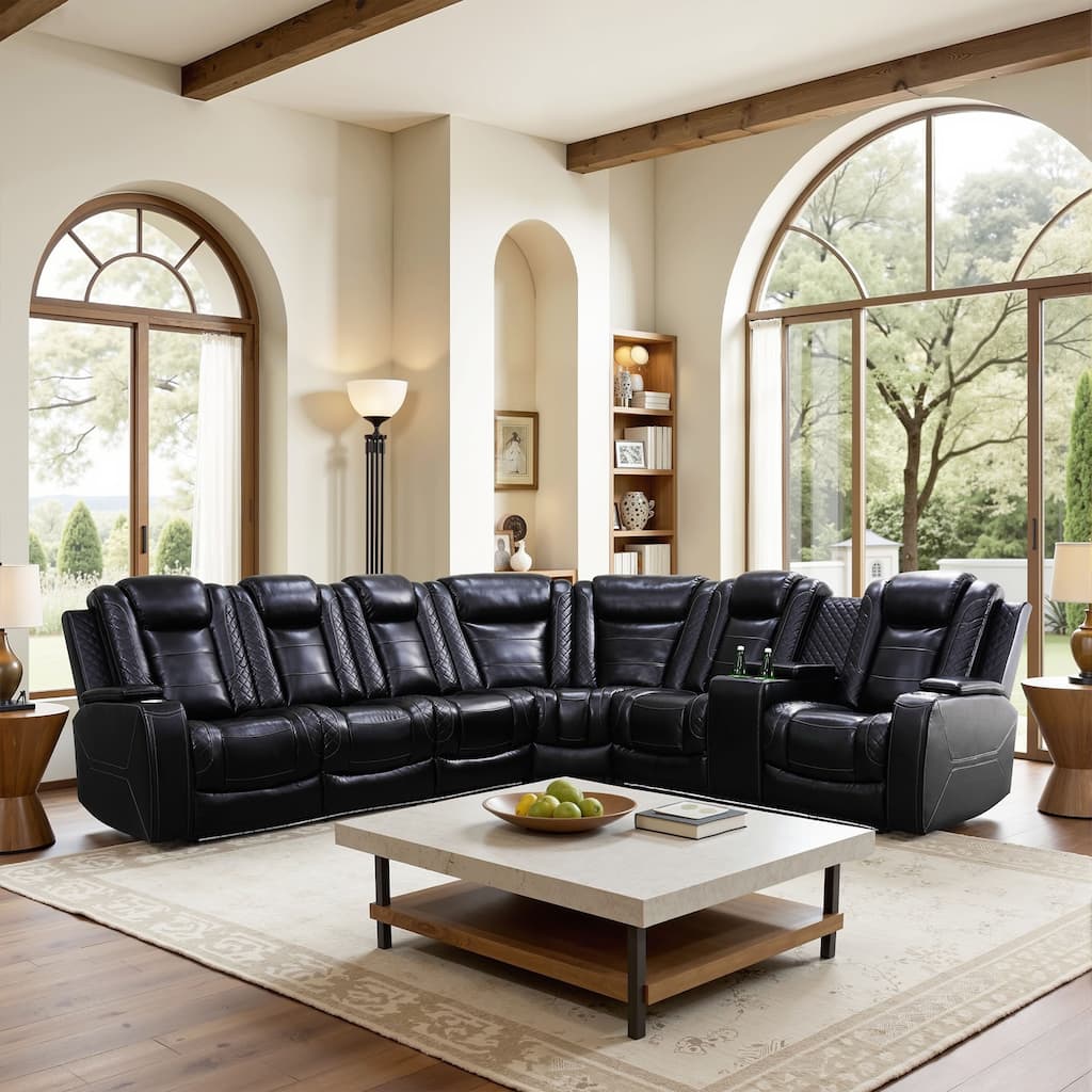 Black Breathable Leather Living Room 3-Piece Sofa Set