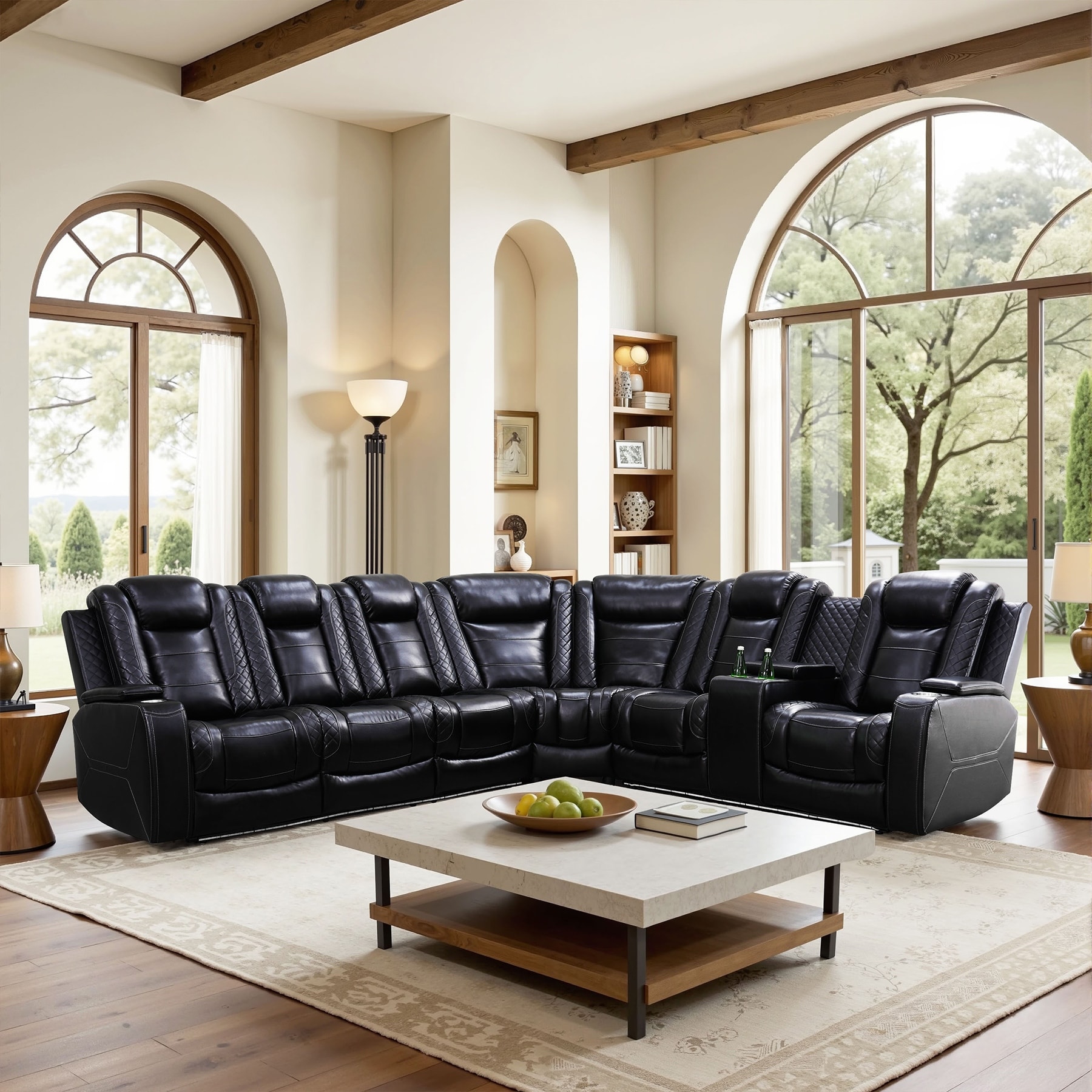 Black Breathable Leather Living Room 3-Piece Sofa Set