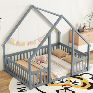 Grey Wood Full House-Shaped Floor Bed with Full-length Guardrails