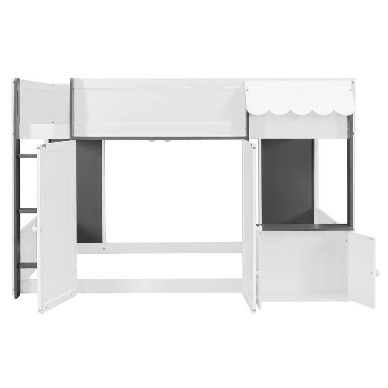 Full Size Loft House Bed with Playhouse Design & Storage, Modern Wooden Cabin Bed with Guardrails and Ladder for Kids, Teens