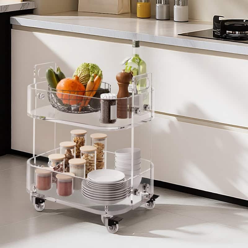 Clear Acrylic 2-Tier Side Table with Lockable Wheels and Transparent Storage - 12 x 16.3 x 18.9 in