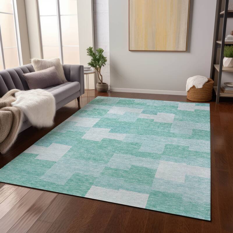 Machine Washable Indoor/ Outdoor Chantille Contemporary Blocks Rug - Teal - 2'6" x 3'10"