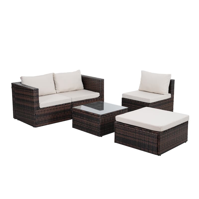 Outdoor Furniture, Seasonal PE5 Set Wicker Furniture With Tempered Glass Coffee Table,