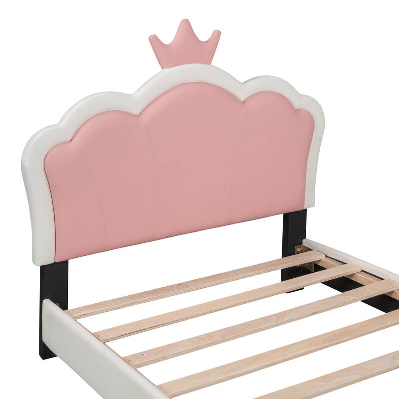 Twin Upholstered Platform Bed with Crown-Shaped Headboard, Pink & White Princess Design, Sturdy PU Leather Frame