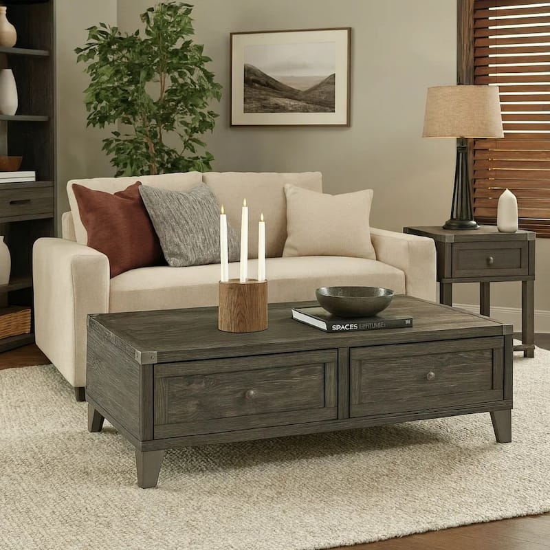 Wooden Lift Top Cocktail Table with 2 Drawers and Metal Accents, Gray