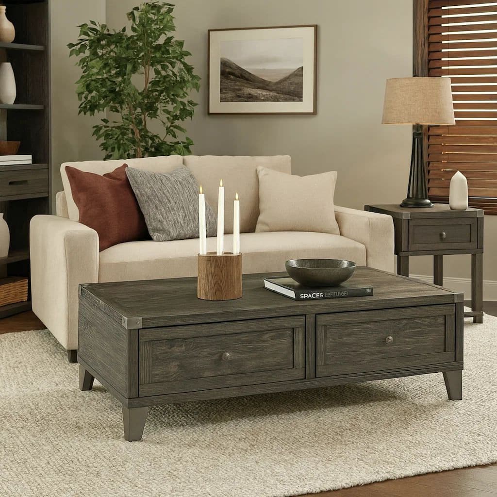 Wooden Lift Top Cocktail Table with 2 Drawers and Metal Accents, Gray
