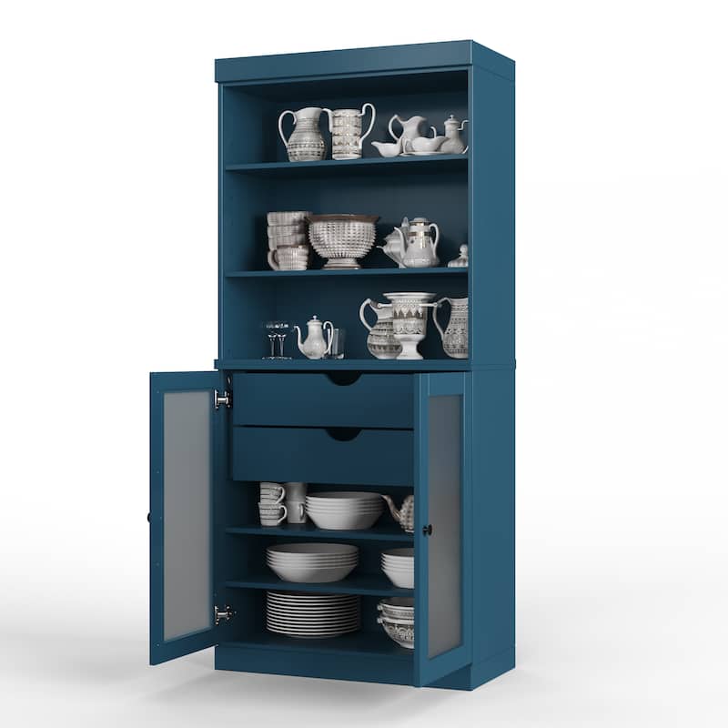 Palace Imports 100% Solid Wood Pantry Cabinet with Frosted Glass Doors, 2-Drawers and Adjustable Shelves - 32" x 71.5"