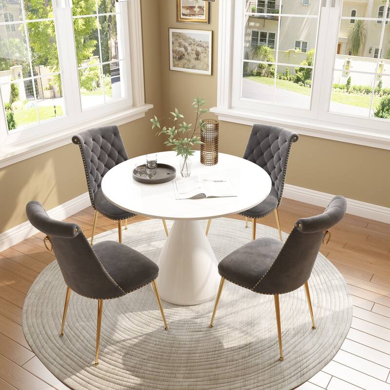 48" Light Luxury White High Gloss Large Countertop Dining Table with Velvet Dining Chair Set