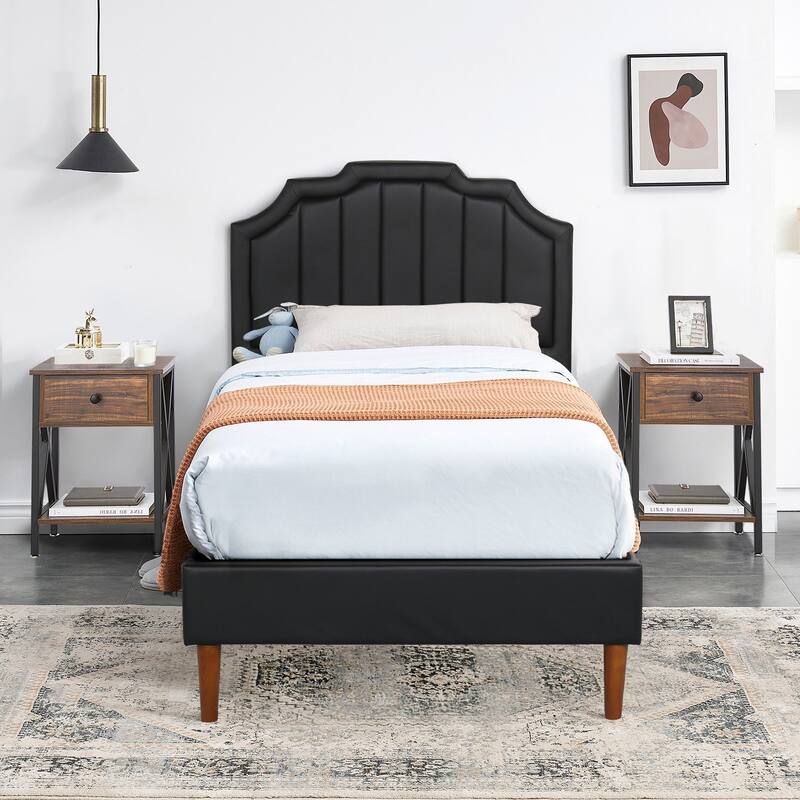 Taomika 3-Pieces Faux Leather Upholstered Platform Bed and Nightstands Sets