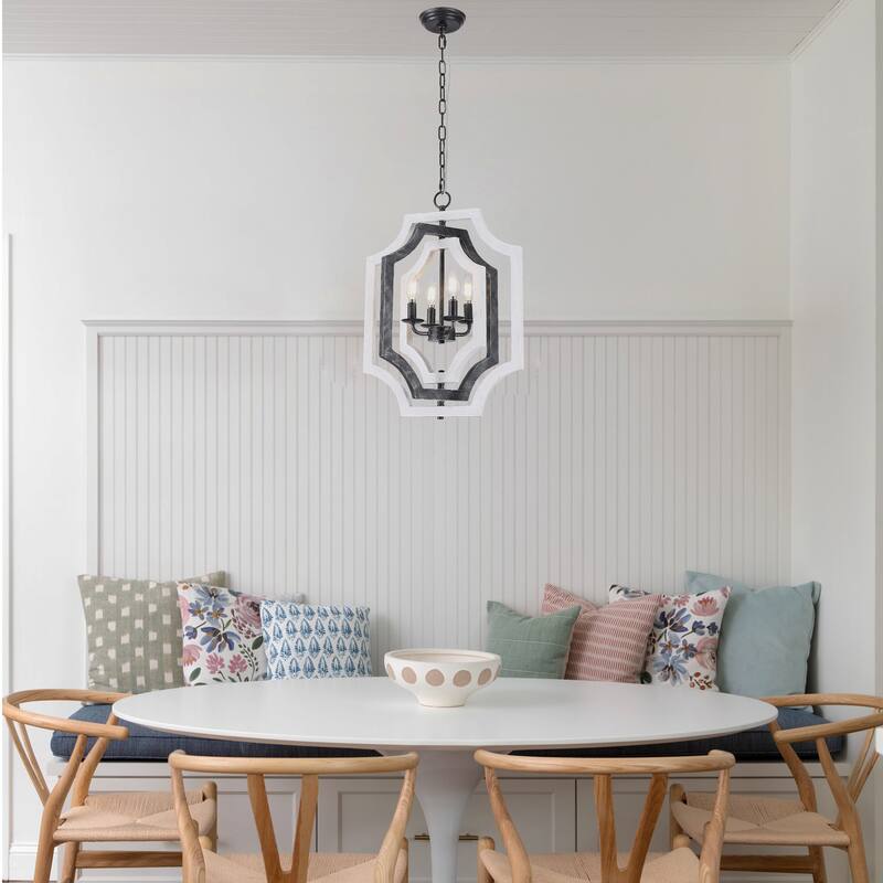 CurveCurio 18" Boho Adjustable Three-Tier Solid Wood Shade Pendant Light w 4 Lights, Austable Hanging Chain Chandelier