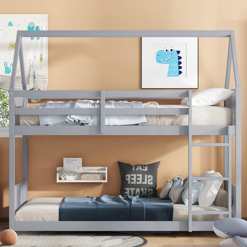 Twin Over Twin House Floor Bunk Bed with Headboards, Footboards, Guardrails, Ladder, Light Grey