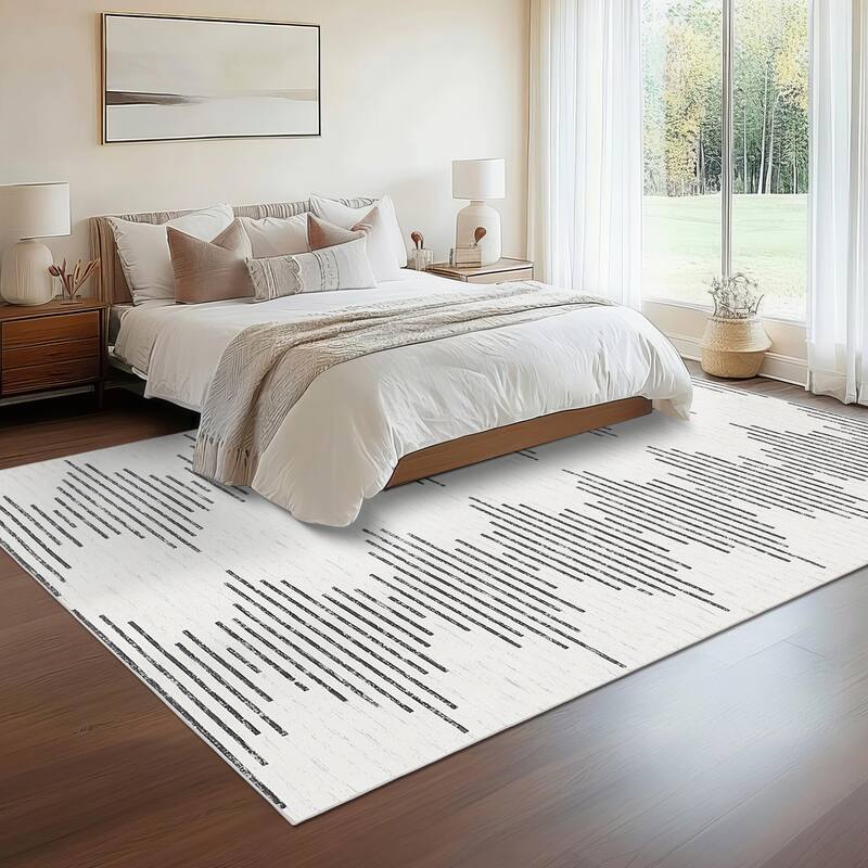 Washable Rugs for Living Room Modern Geometric Striped Area Rug Soft Non-Slip Low Pile Accent Rug