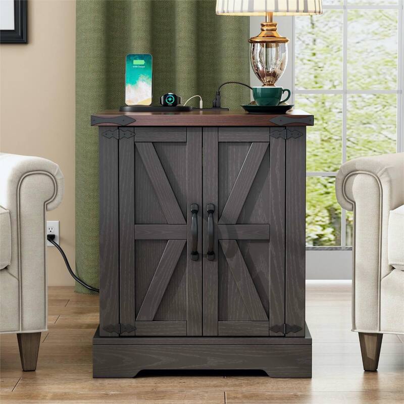 Farmhouse End Table with Charging Station, Rustic Wood Nightstand with Adjustable Shelf, 19.6"W Versatile Walnut Sofa Si - Grey