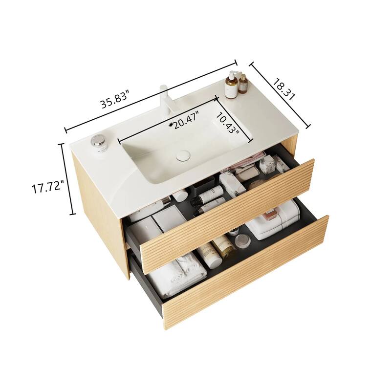 GDFStudio - Bron Modern Floating Bathroom Vanity with Integrated Rectangular Ceramic Basin and 2 Soft-Close Drawers, NO Faucet