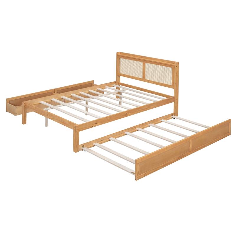Elegant Bed Frame with Rattan Headboard and Sockets