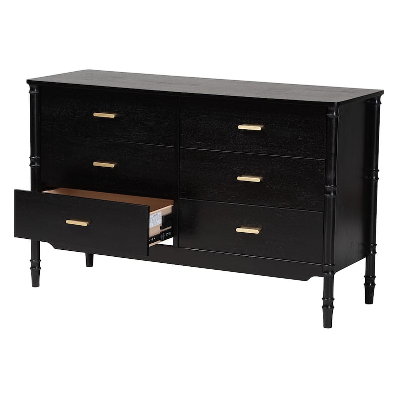 Marisela Black Wood Dresser with Drawers - Bamboo-Inspired Legs and Brass Handles, 6-Drawer Modern Transitional Bedroom Storage