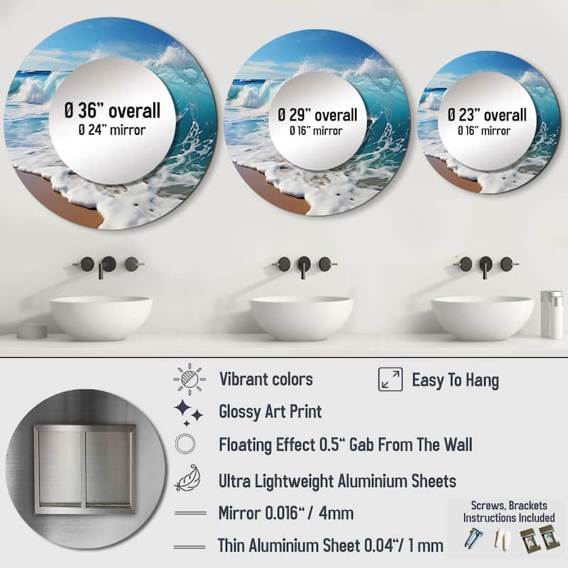 Designart "Turquoise Power Of Ocean Wave I" coastal Living Room Mirror - Blue Nautical & Coastal Round Mirror