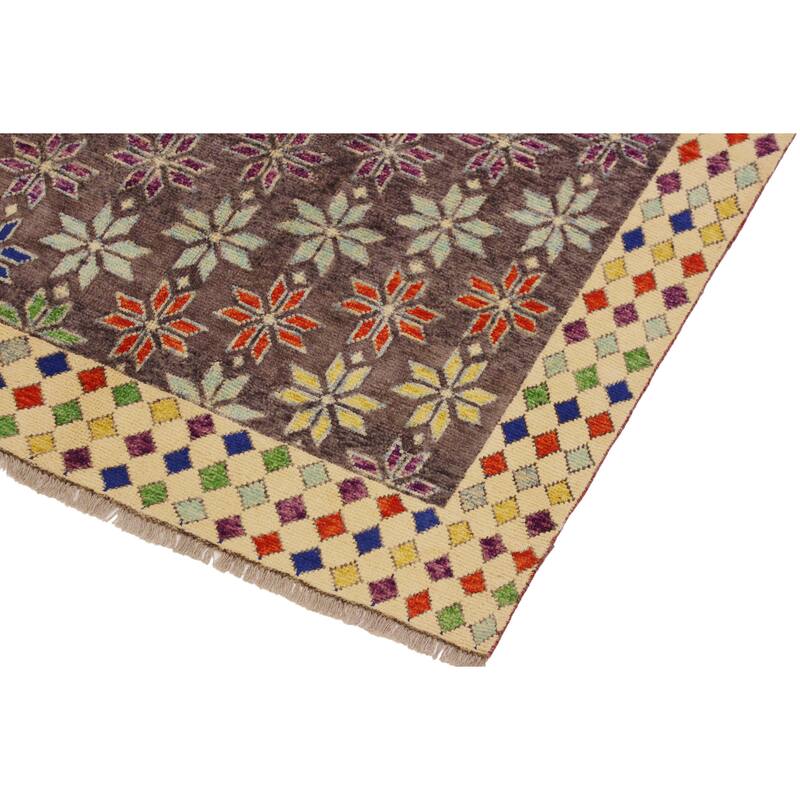 Contemporary Balochi Floyd Gray/Beige Hand Knotted Wool Rug - 4'11'' x 6'5''