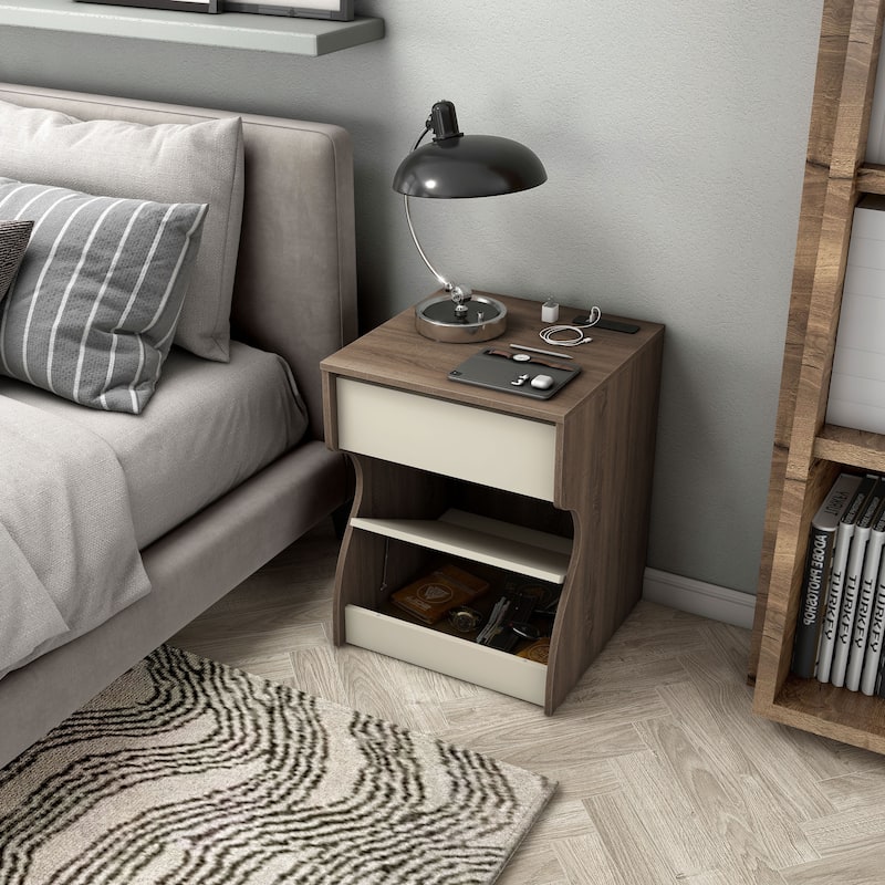 24/7 Shop At Home Modern Chestnut Brown 1-Drawer Nightstand with Charging Station and Hidden Storage
